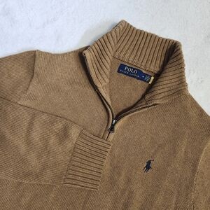 POLO RALPH LAUREN Men’s Quarter Zip Sweater Brown Cotton Knit Pullover Medium